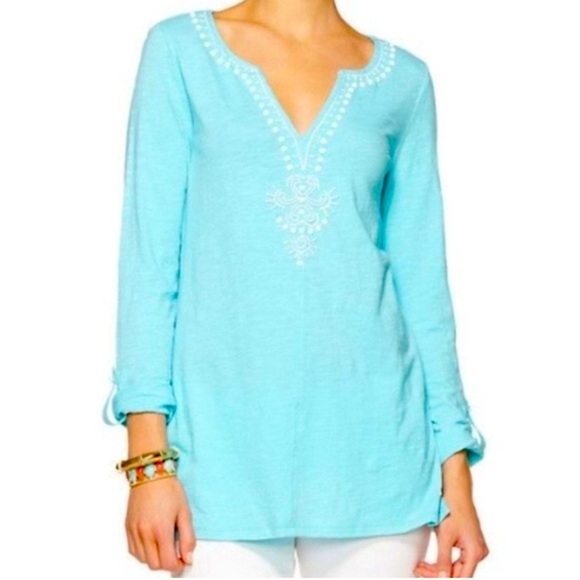 Lilly Pulitzer eliana aqua Blue white beaded Tunic top size large - Picture 1 of 12